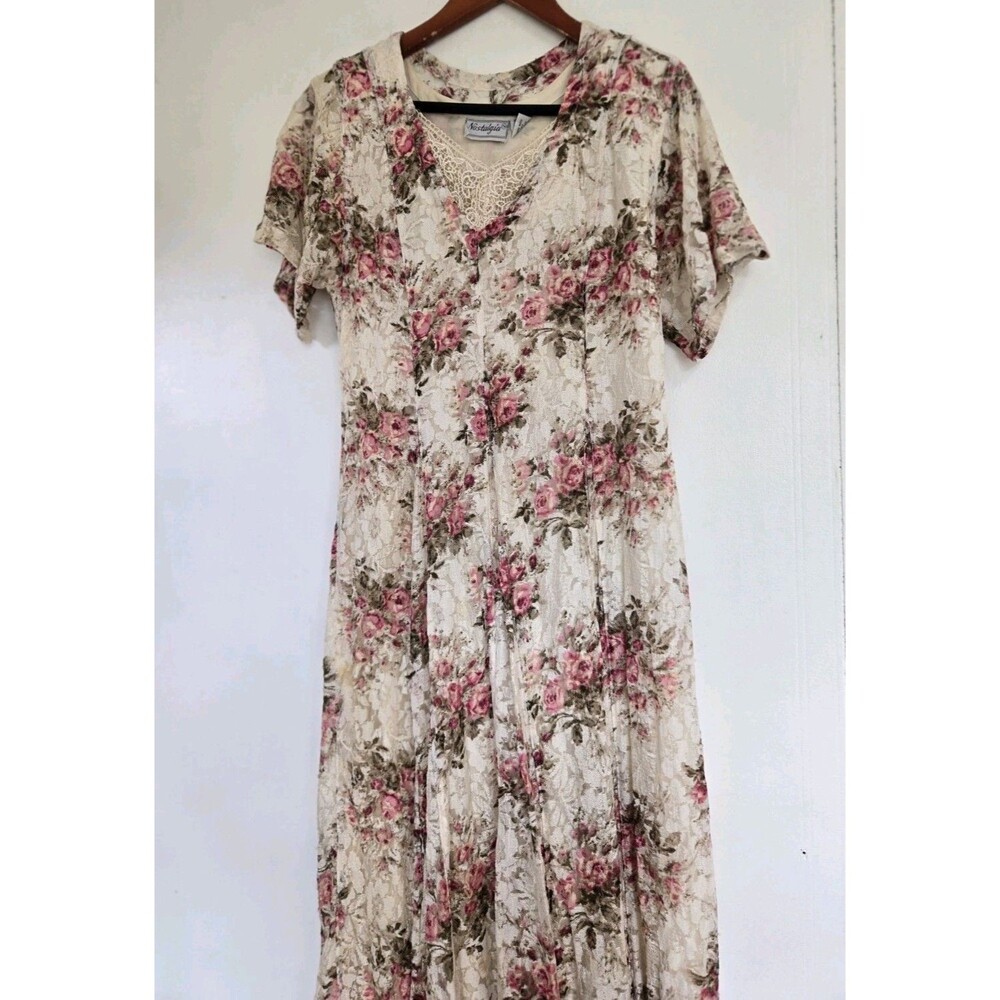 Vtg Nostalgia Dress Womens S Rose Floral Midi Boho Granola Cottage Shift Y2K